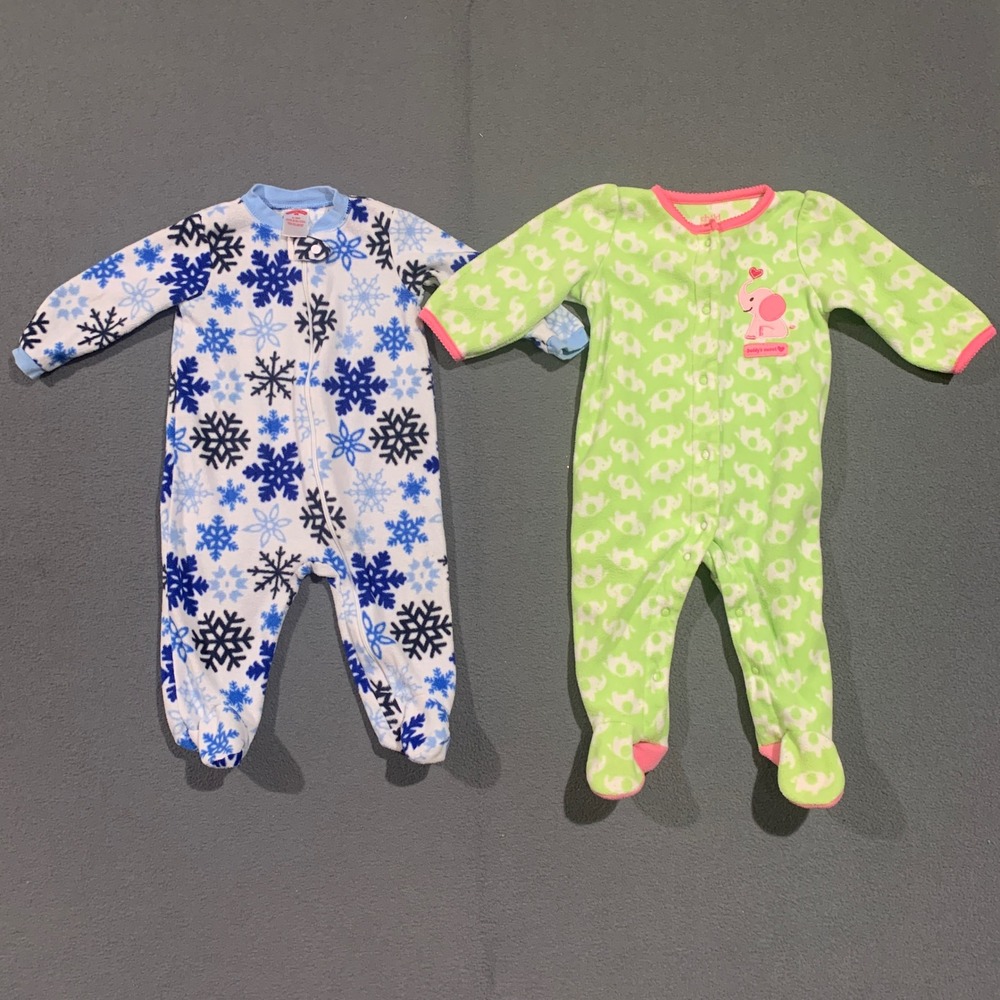 Lot of 2 Baby Fleece Footed Sleepers 6-9M HT Snowflake Carters Elephant